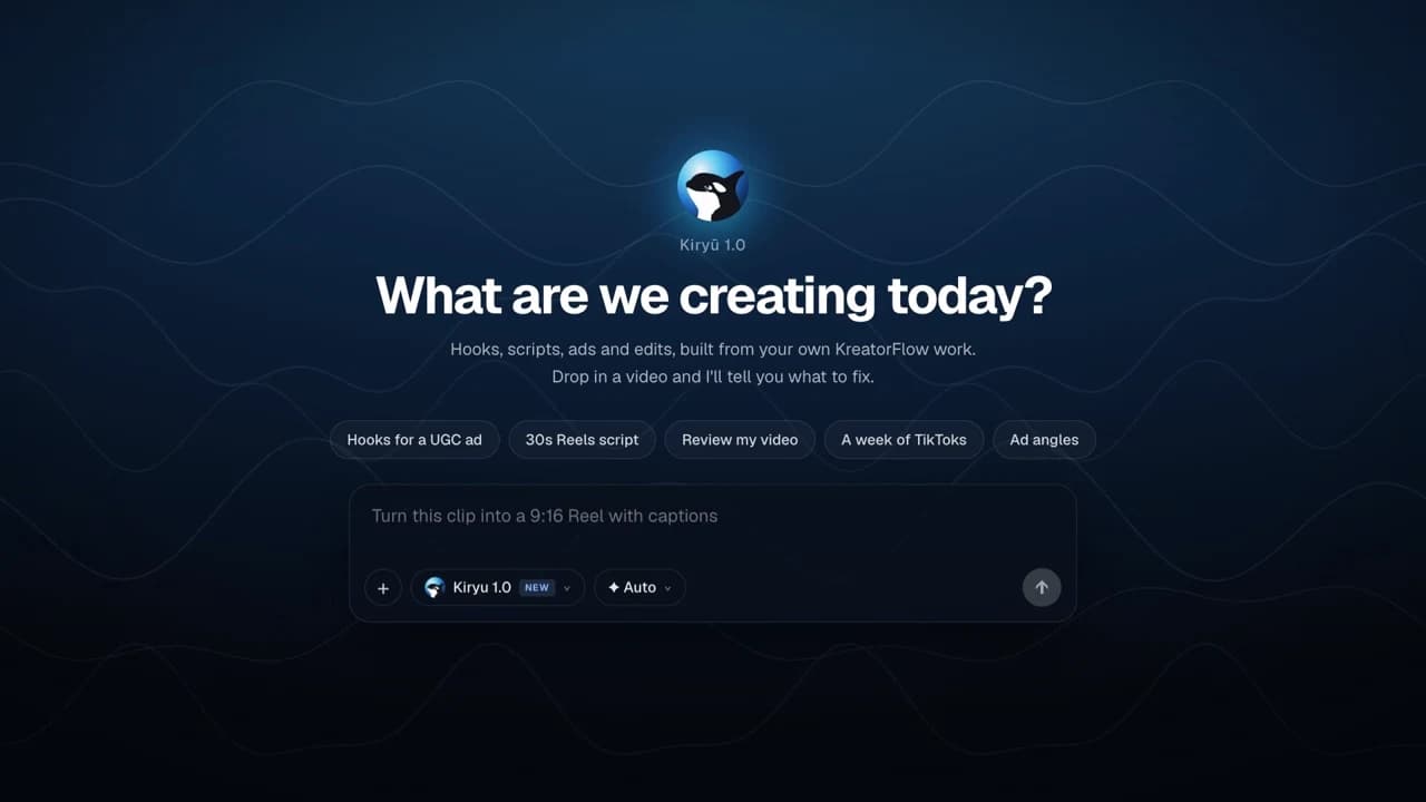 Kiryū, the KreatorFlow assistant: asked to launch a perfume, it writes three hooks and a timed script, then makes the ad right in the chat; a week of TikToks, a video review, Lip Sync, Kitsune and Kartoonz results follow