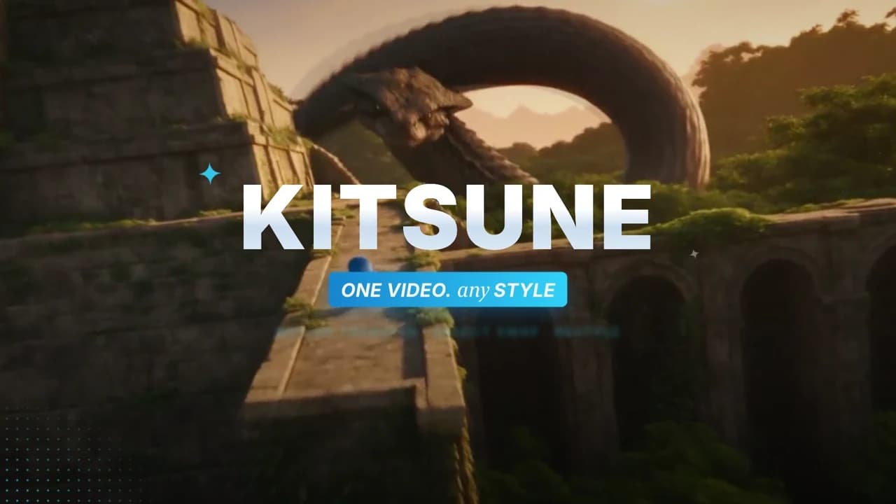 Kitsune: one shot restyled through a spinning ring of styles, then the same reference video swapped to a penguin and a tiger