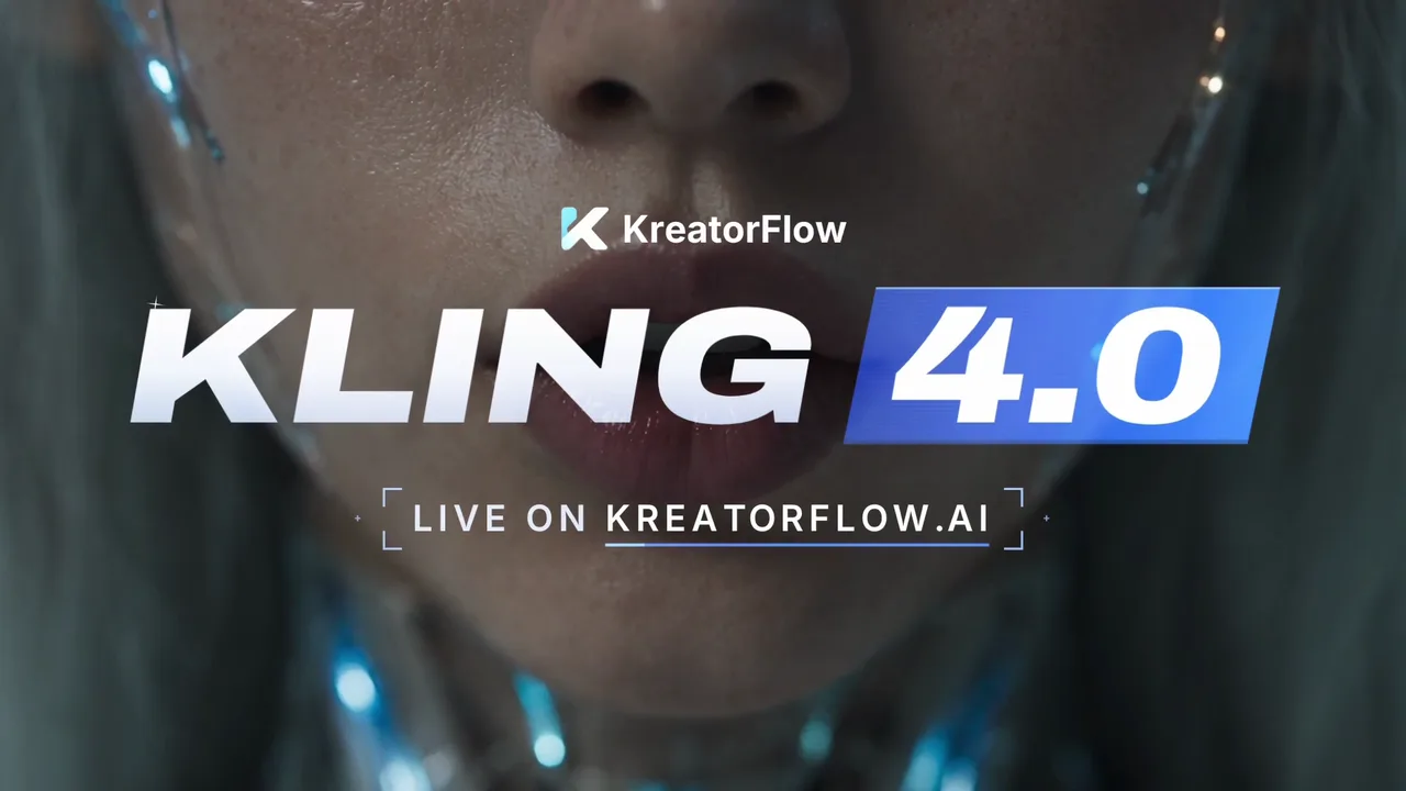 Kling 4.0 on KreatorFlow: a neon close-up portrait, a woman in a green fur coat carrying a goldfish through a crowd of clear umbrellas, a goldfish underwater