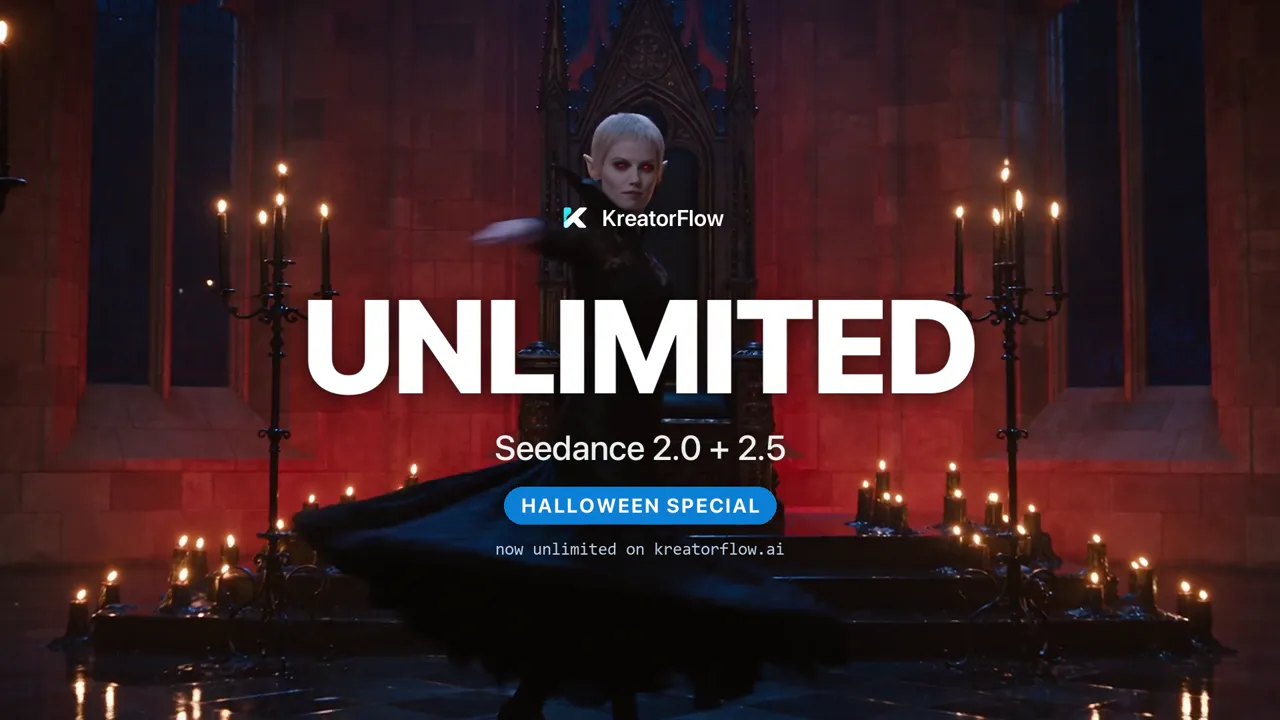 Unlimited Seedance 2.0 and 2.5, the KreatorFlow Halloween special: a werewolf under a blood moon, a vampire queen, a graveyard at night