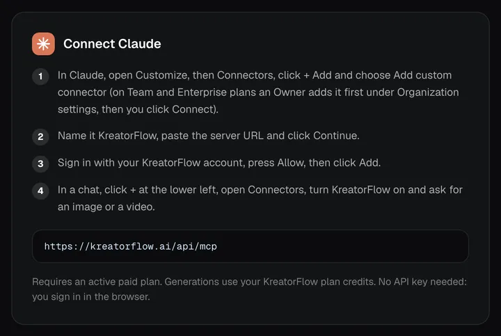 Connect Claude card on the KreatorFlow MCP page: open Customize, Connectors, Add custom connector, paste https://kreatorflow.ai/api/mcp, sign in and press Allow