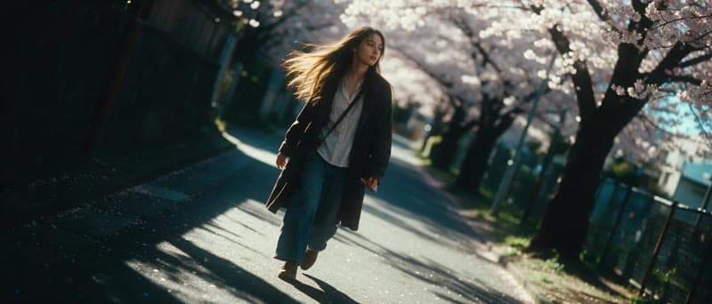 Image cinématographique d'une femme qui marche sous des arbres en fleurs, dans un soleil rasant
