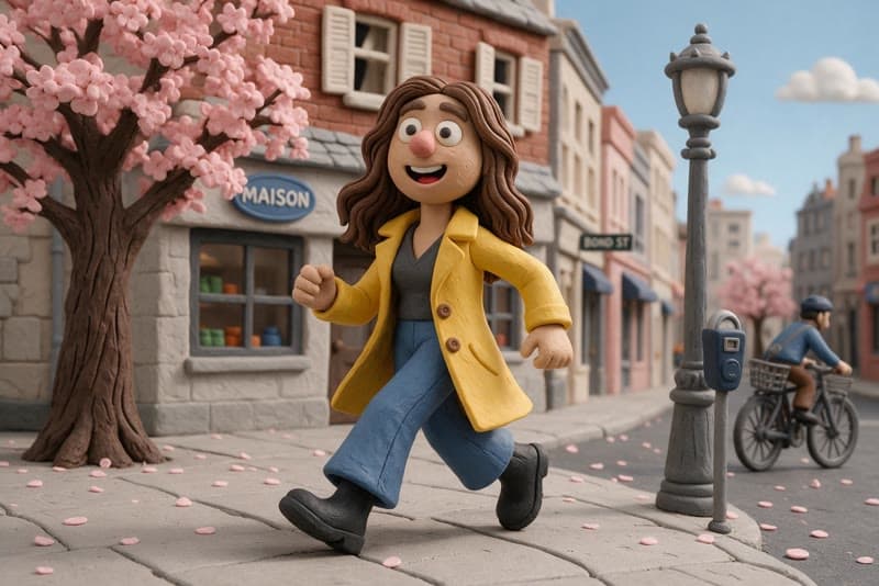 Personagem de massinha de corpo inteiro, de casaco amarelo, bem iluminado em uma rua