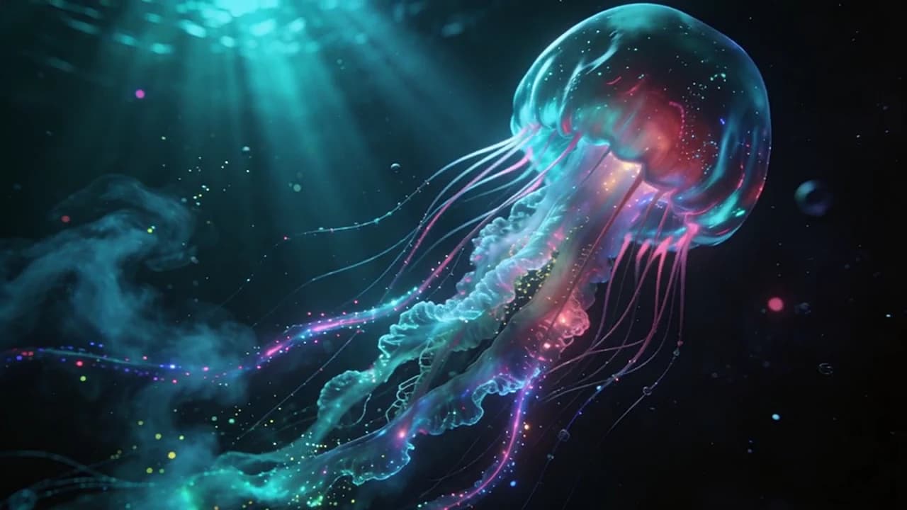 A glowing cosmic jellyfish drifting through light rays, animated from a still image