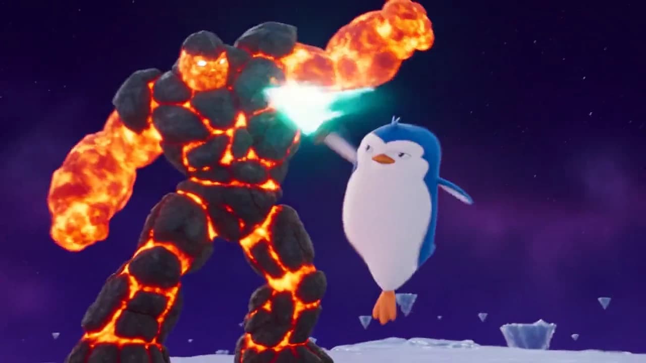 Motion transfer example: a penguin character fights a lava golem