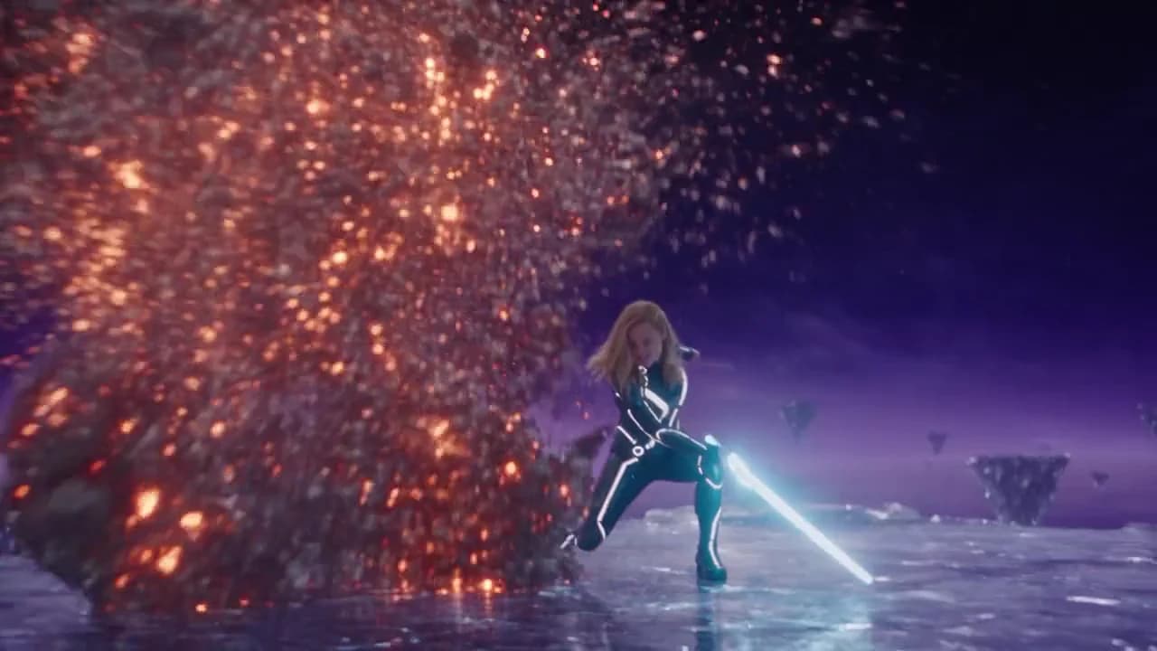 Motion transfer example: a hero in a light suit fights a lava golem