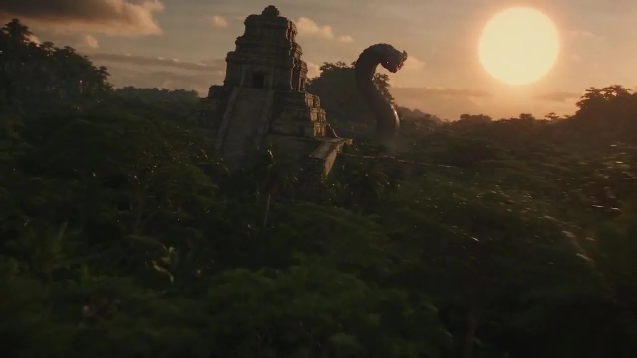 Video de Seedance 2.5: un avance lento hacia un templo en la selva al atardecer con una serpiente gigante detrás