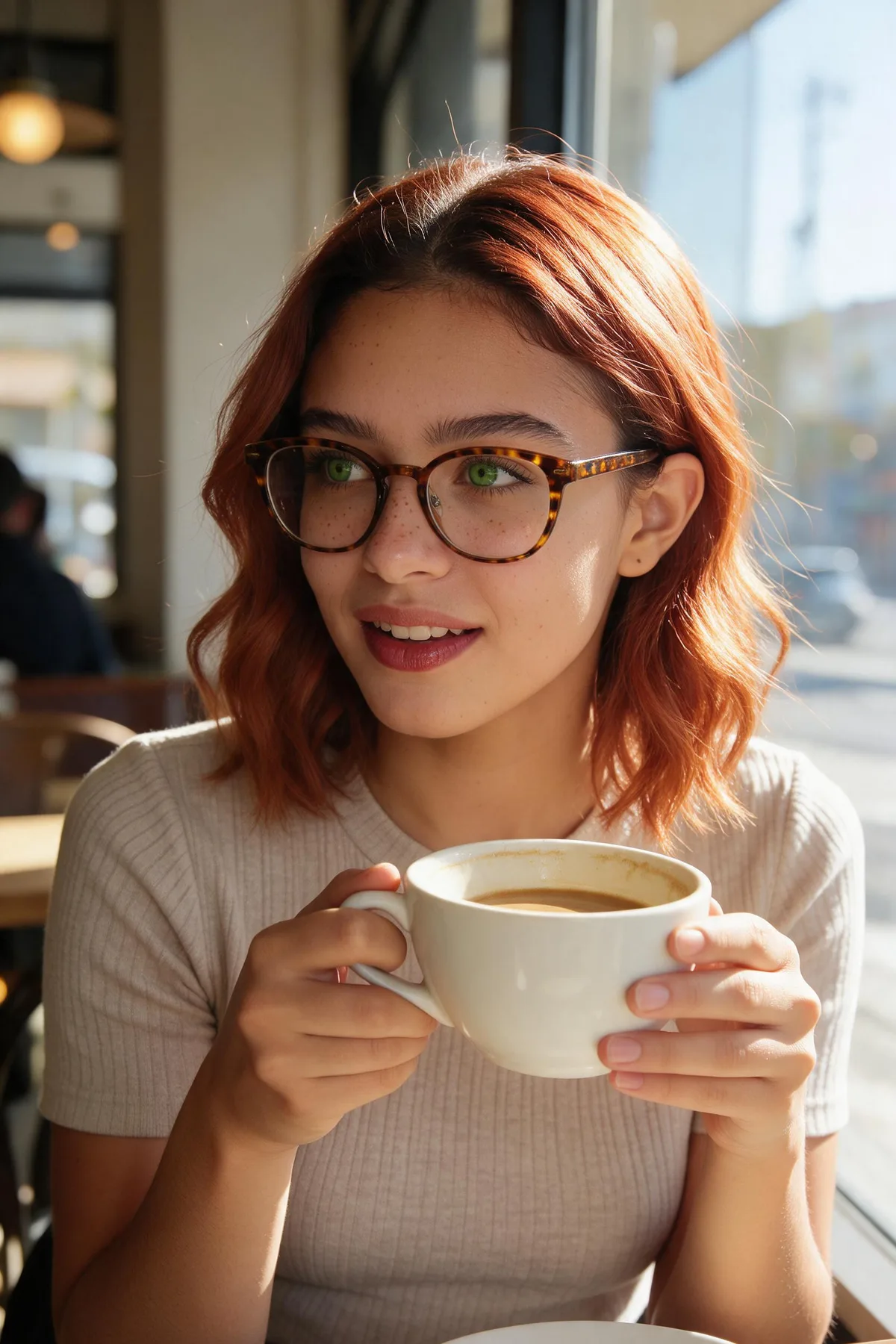 Photo spontanée Seedream 5.0 d'une femme rousse à lunettes, un café à la main, dans un café ensoleillé