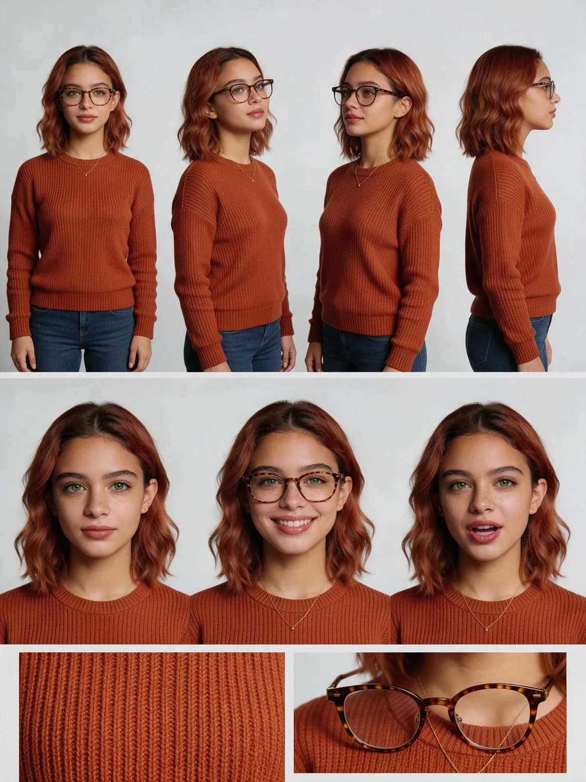 Planche de référence de personnage Seedream 5.0 : la même femme rousse sous quatre angles et avec trois expressions