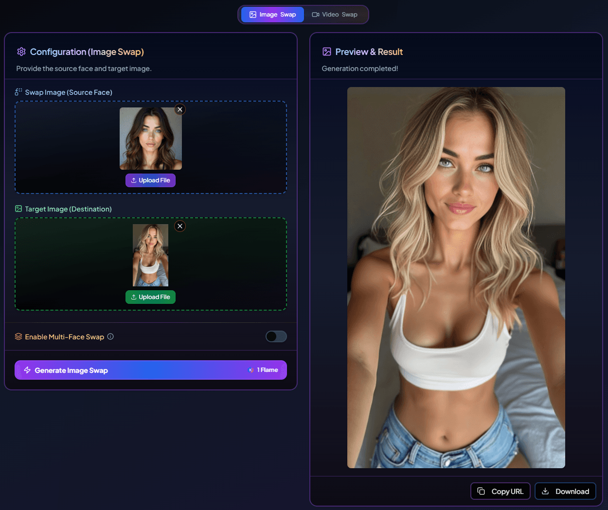 Face swap result displayed in studio interface with preview