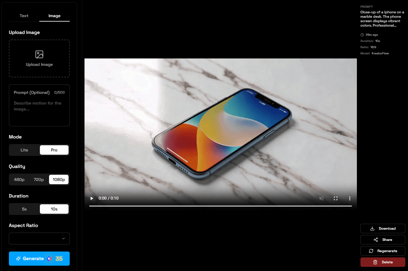 Image-to-Video interface showing image upload and motion prompt