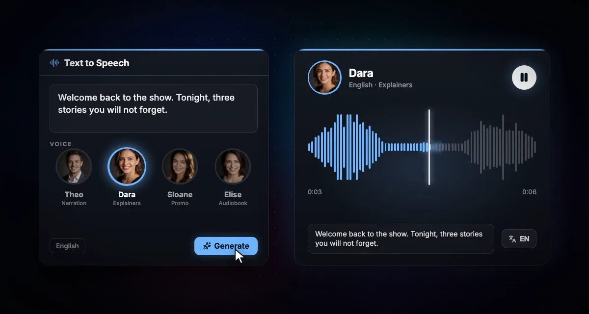 KreatorFlow Audio: a script read by two voices as waveforms, then interpreted into Spanish