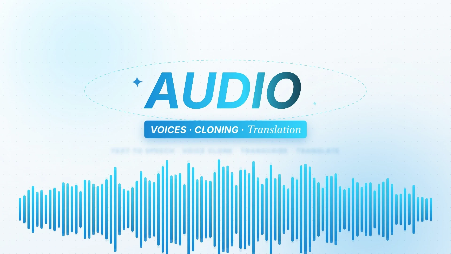 KreatorFlow Audio: a ring of voices spins, one is picked and speaks as a waveform, a voice is cloned, then a transcript is translated into Spanish