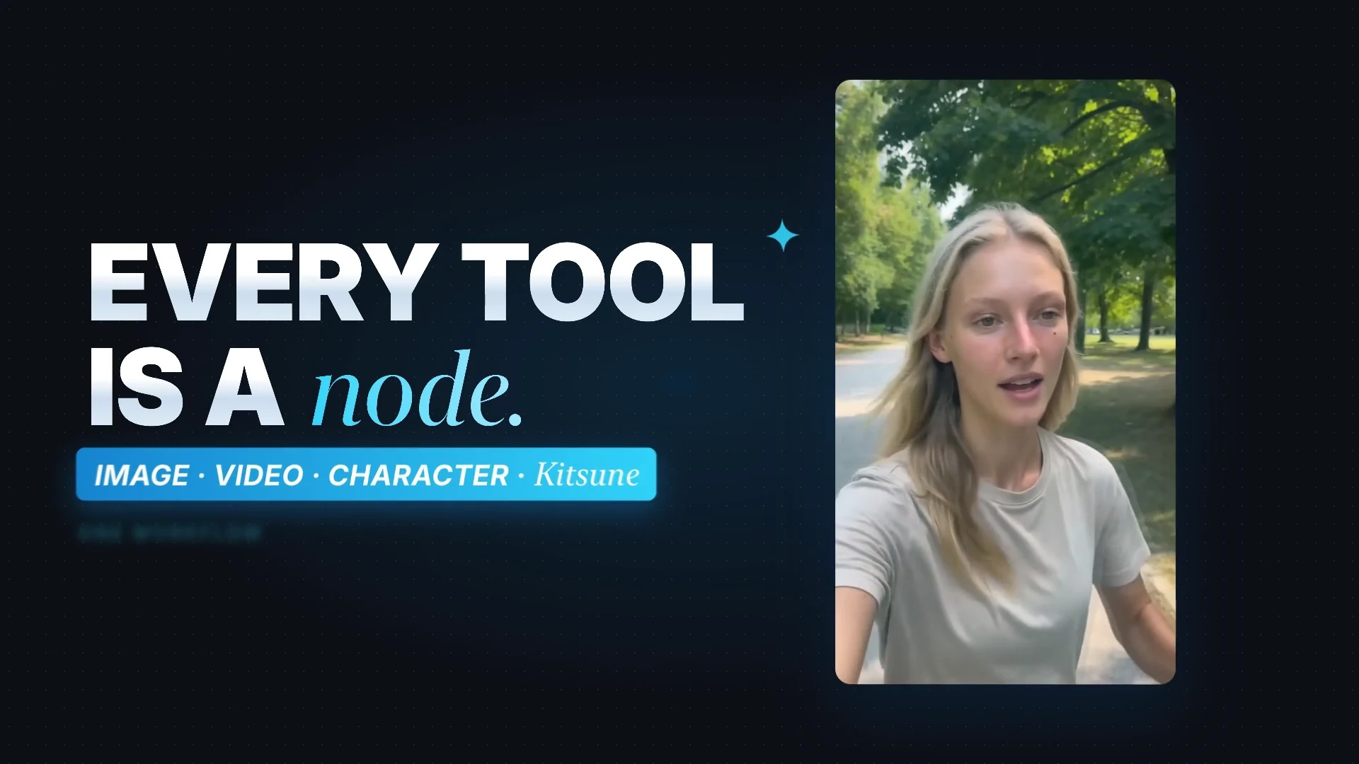 KreatorFlow Canvas: character, image and video nodes wired into one workflow, then two scenes of the same character