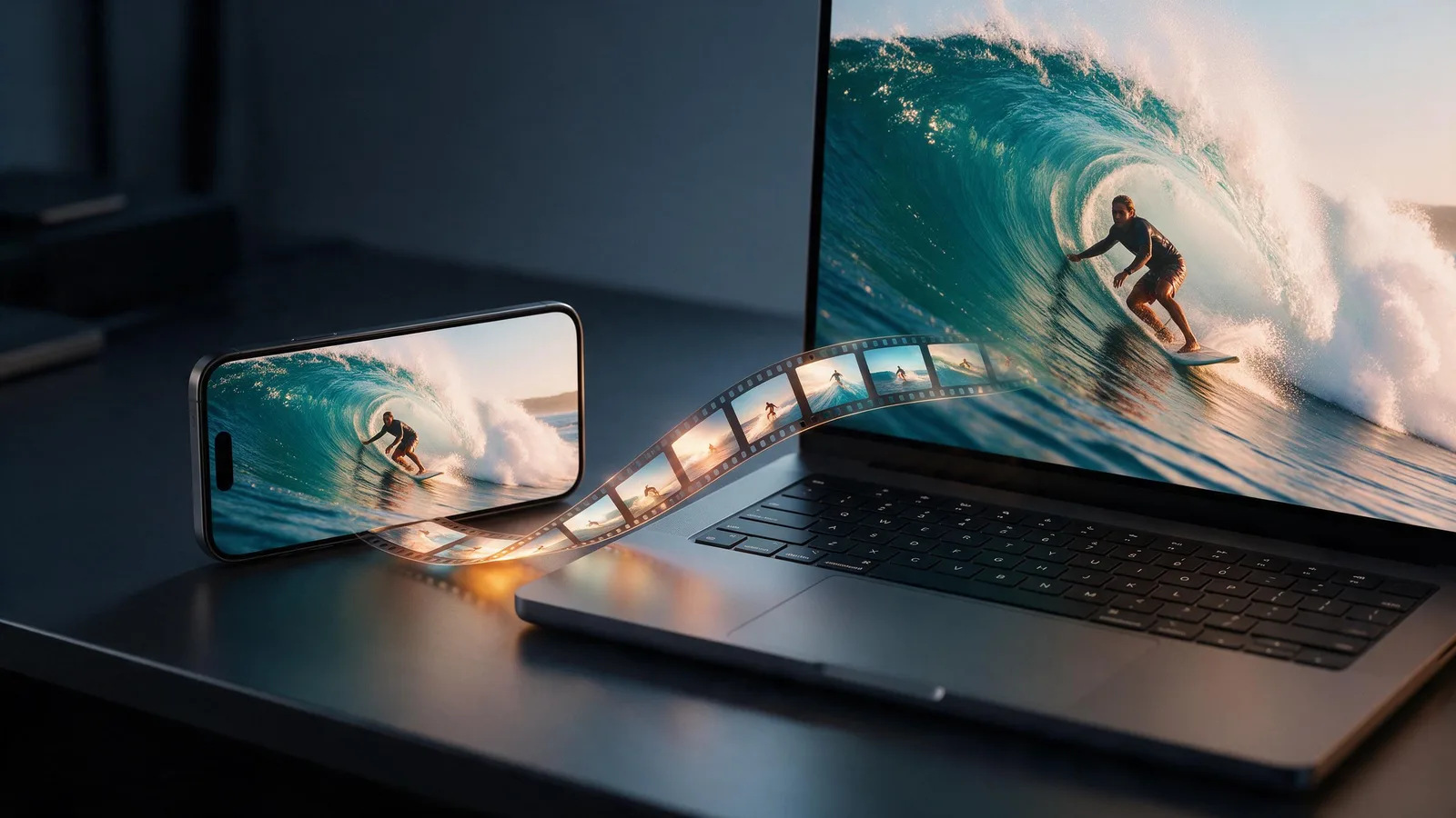 A phone and a laptop on a dark desk showing the same surfing video, with a ribbon of film frames flowing between them