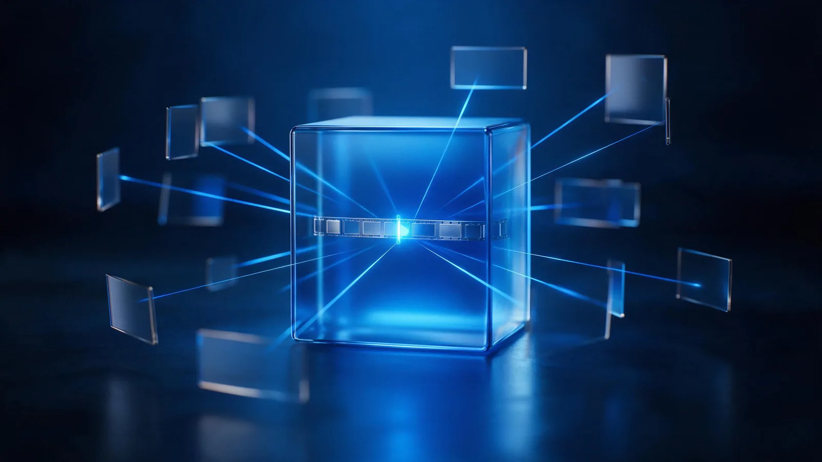 A glowing blue glass cube holding a miniature video timeline, linked by beams of light to floating video frames