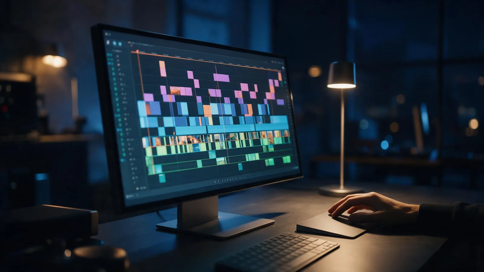 A dark editing desk at night with a wide monitor showing a multi-track video timeline of colorful clips