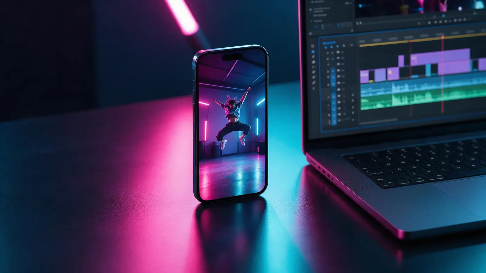 Ein Smartphone mit einem Tanzvideo im Hochformat neben einem Laptop mit einer Zeitleiste im Hochformat