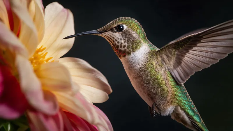 A razor-sharp macro of a hummingbird hovering beside a flower
