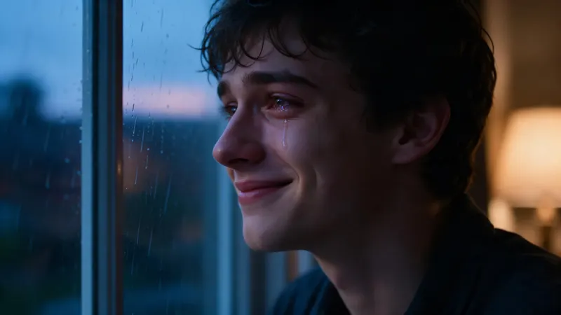 A young man by a rainy window at dusk smiles as a single tear runs down his cheek
