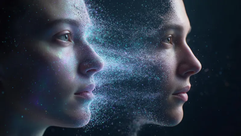 A face in profile dissolving into glowing particles that form a different face beside it