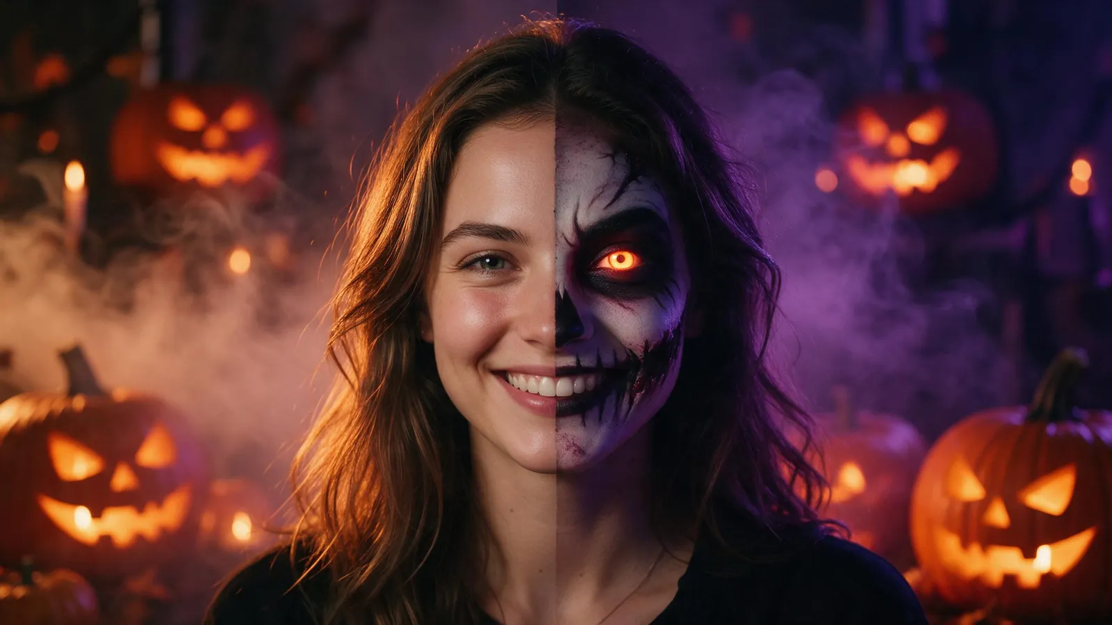 A smiling woman whose face is half natural and half in spooky Halloween makeup, with jack-o'-lanterns behind her