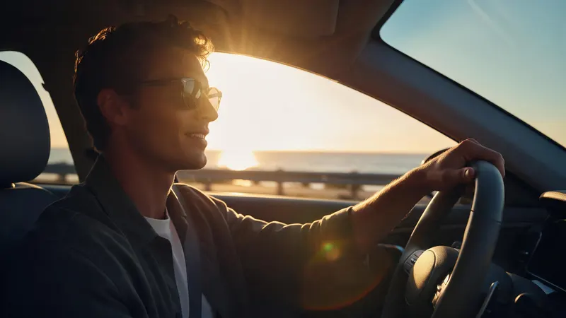 A smiling young man in sunglasses drives along a coastal highway at sunset, seen from the passenger seat
