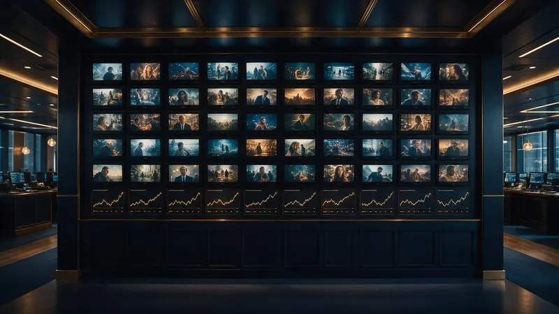 A dark wall of small monitors, each showing a cinematic video frame, with soft bars of light beneath them like a chart