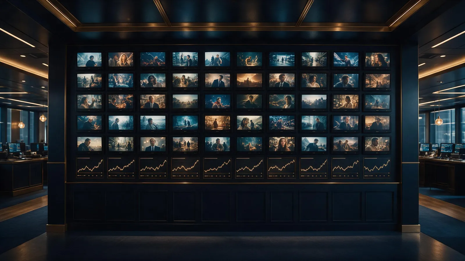 A dark wall of small monitors, each showing a cinematic video frame, with soft bars of light beneath them like a chart
