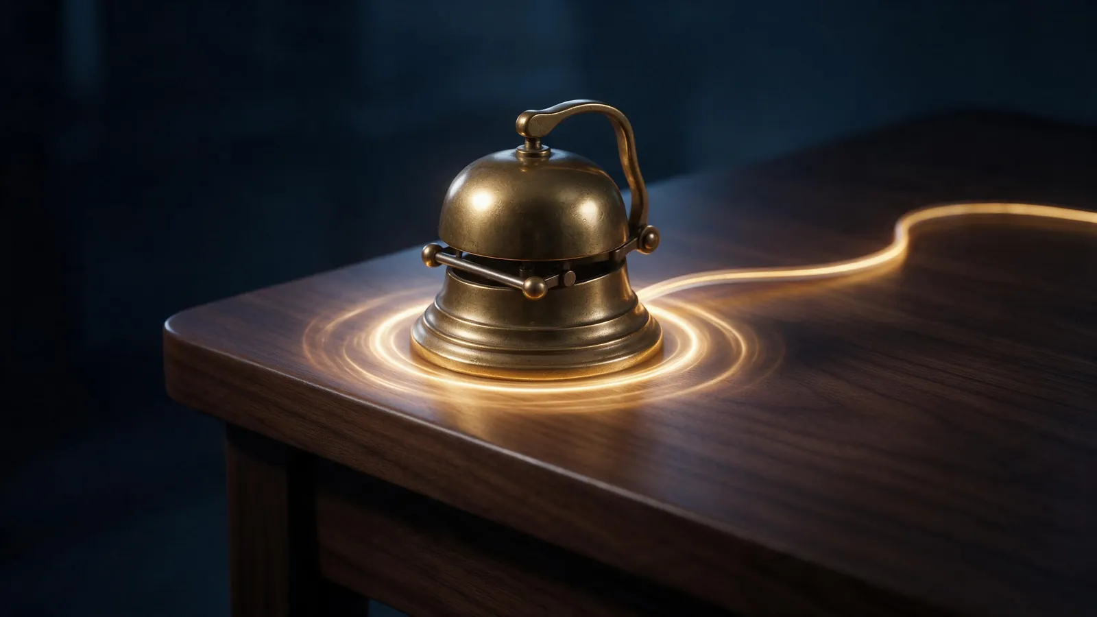 A brass desk bell on a walnut desk sending out a ring of light along a glowing cable