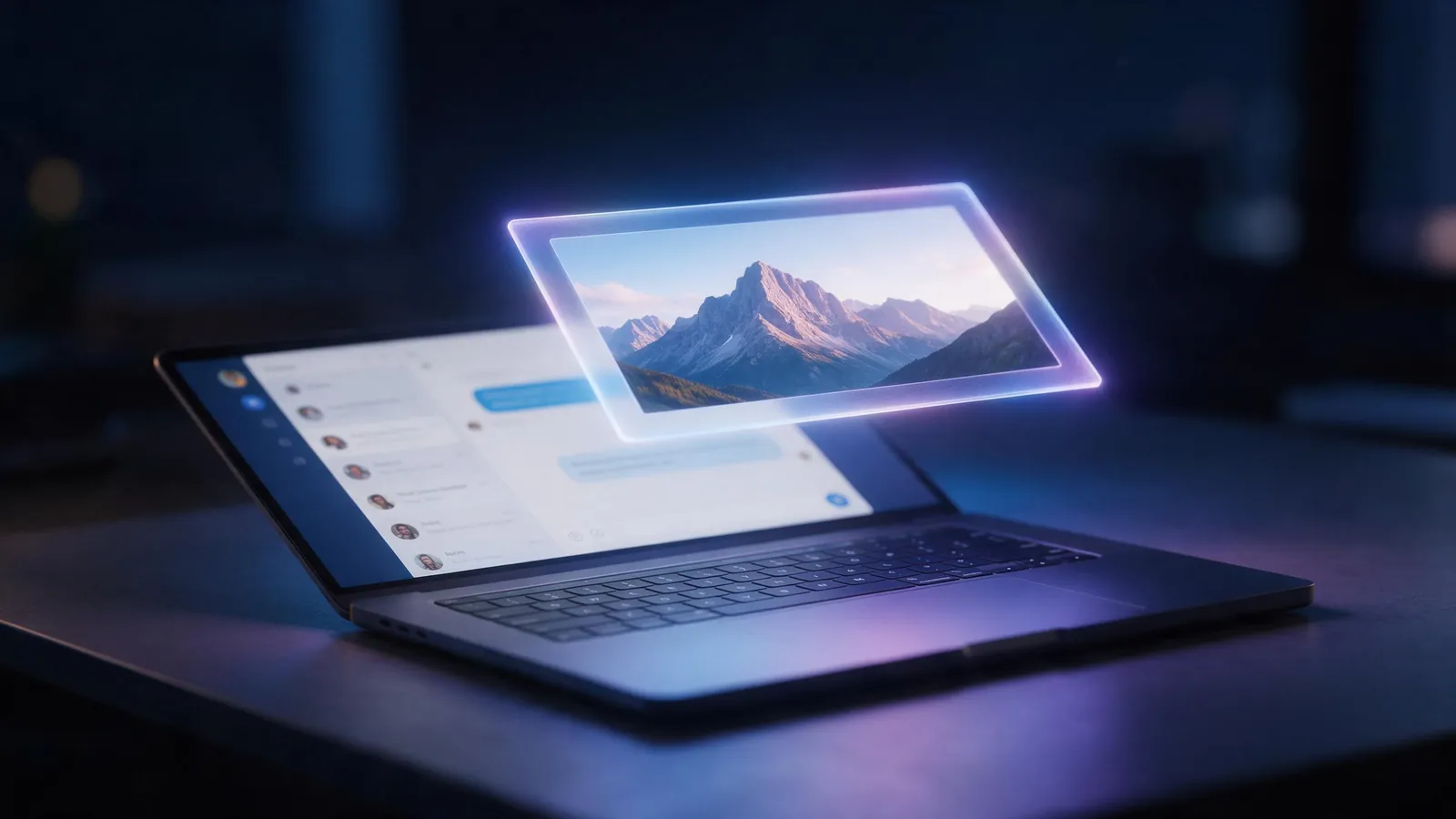 A laptop showing a chat conversation with a cinematic mountain video rising out of the screen