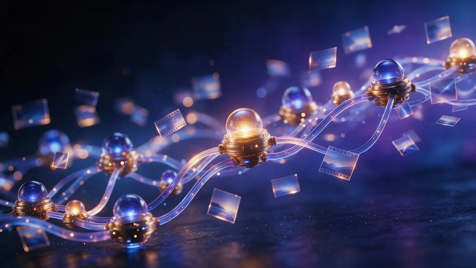 Glowing nodes linked by luminous cables like an automation pipeline, with film frames and image tiles travelling along them