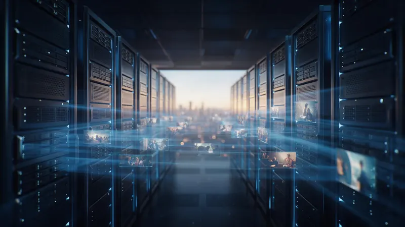 Glowing film frames streaming out of server racks in a dark data centre toward a city at dusk