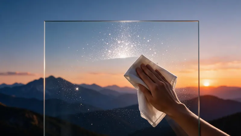 A hand wiping a clear pane of glass in front of a mountain sunset