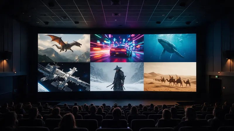 A cinema screen split into six scenes, from a dragon over mountains to a desert caravan, in front of an audience