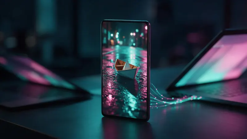 A phone on a dark desk playing a vertical video of a paper boat on a rainy neon street, linked to a laptop by trails of light