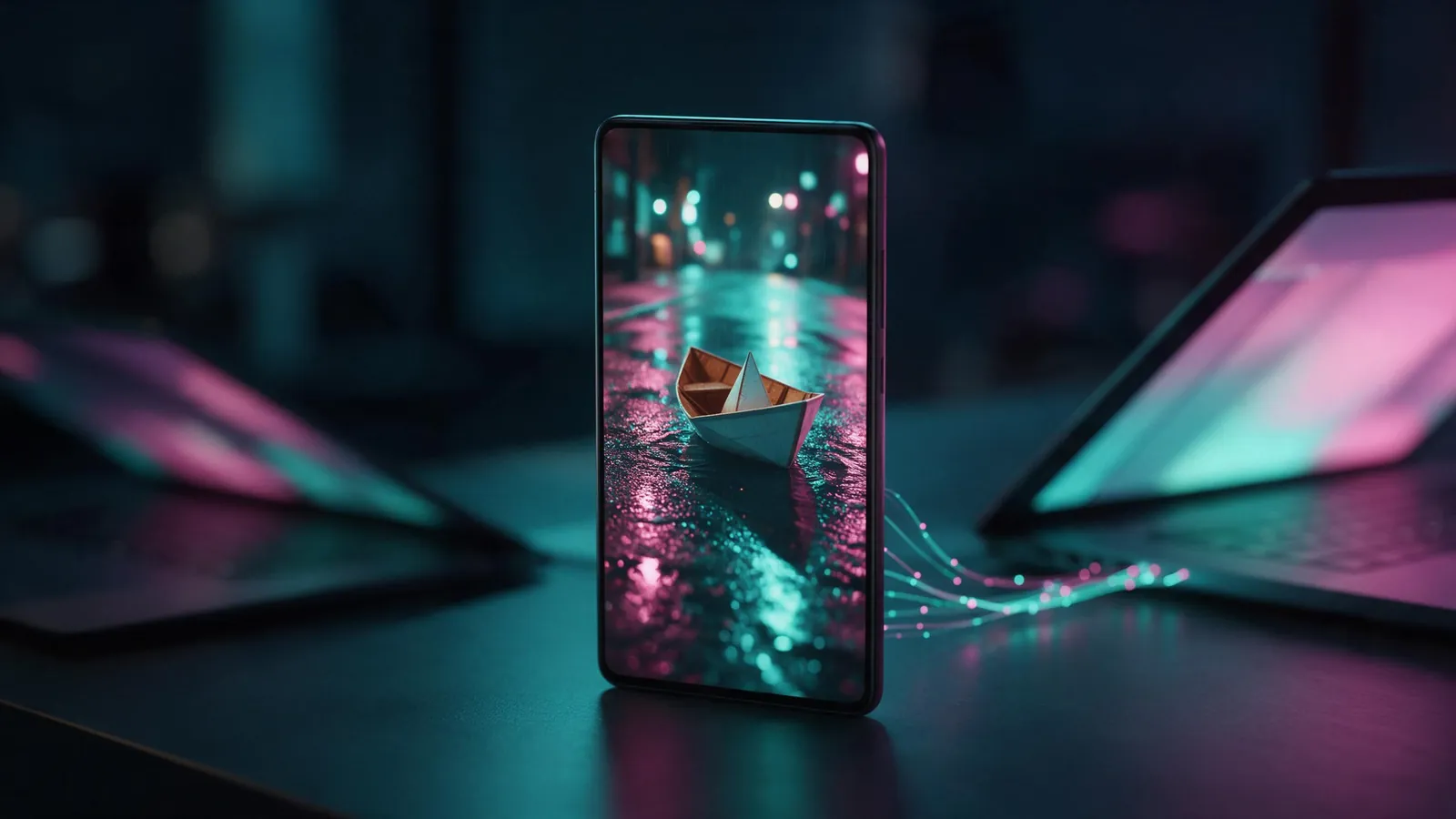 A phone on a dark desk playing a vertical video of a paper boat on a rainy neon street, linked to a laptop by trails of light