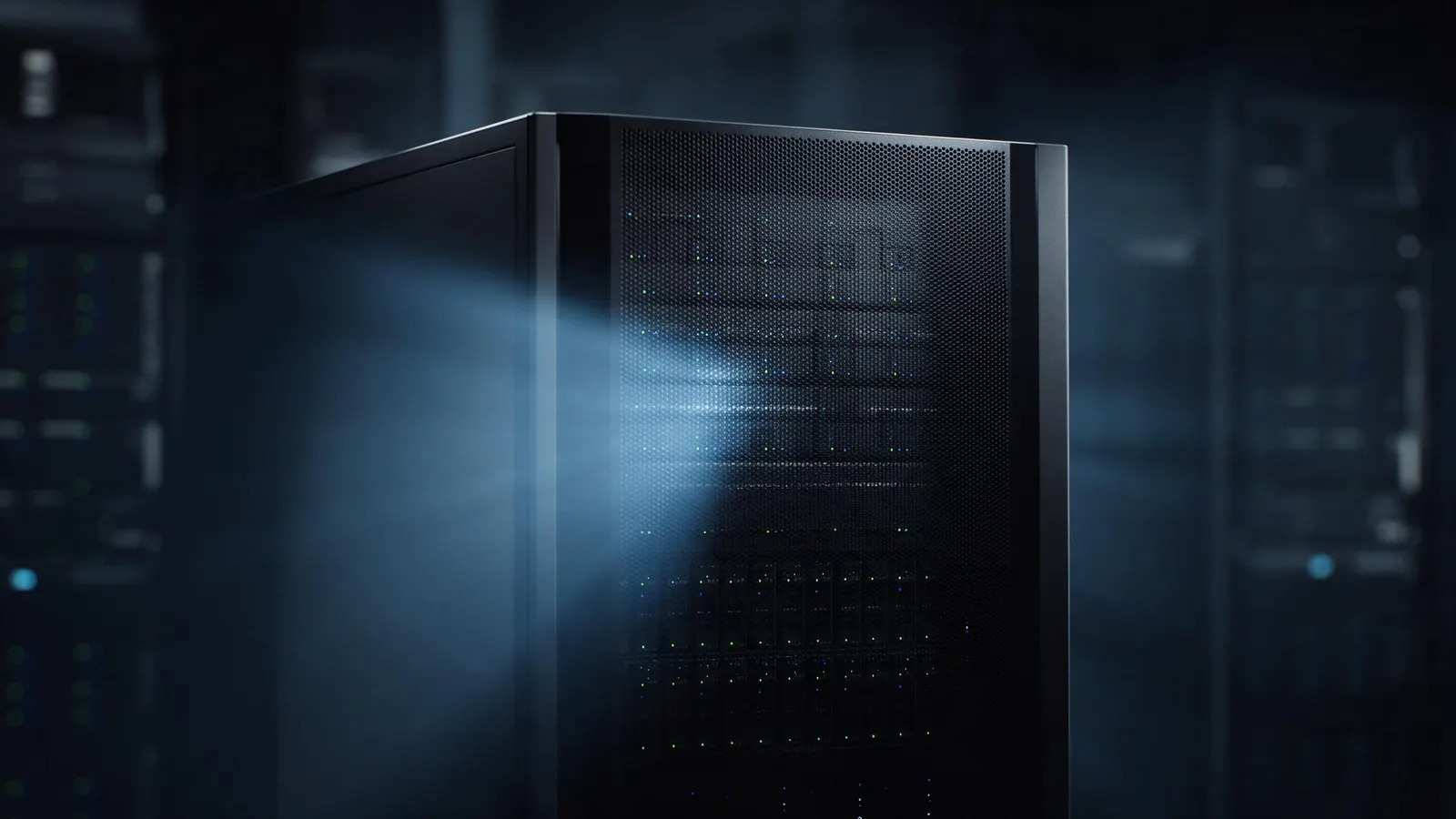 Rows of small glowing status lights on a server rack in a dark, hazy data centre