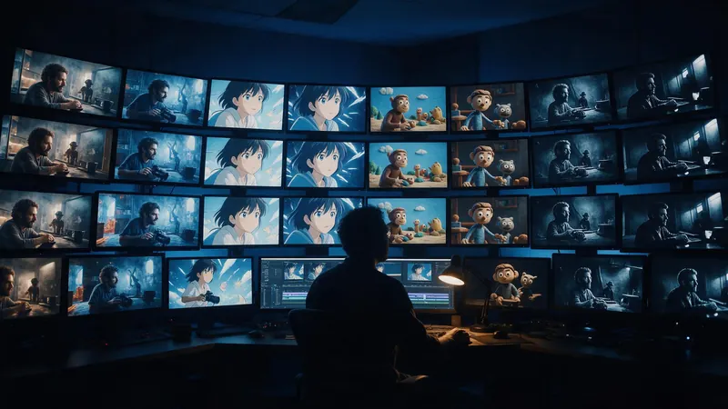 A filmmaker facing a curved wall of monitors, each showing the same shot in a different style