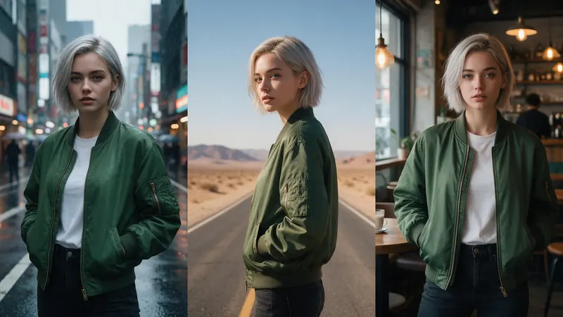 The same young woman with a silver bob and green bomber jacket on a city street, a desert road and in a cafe