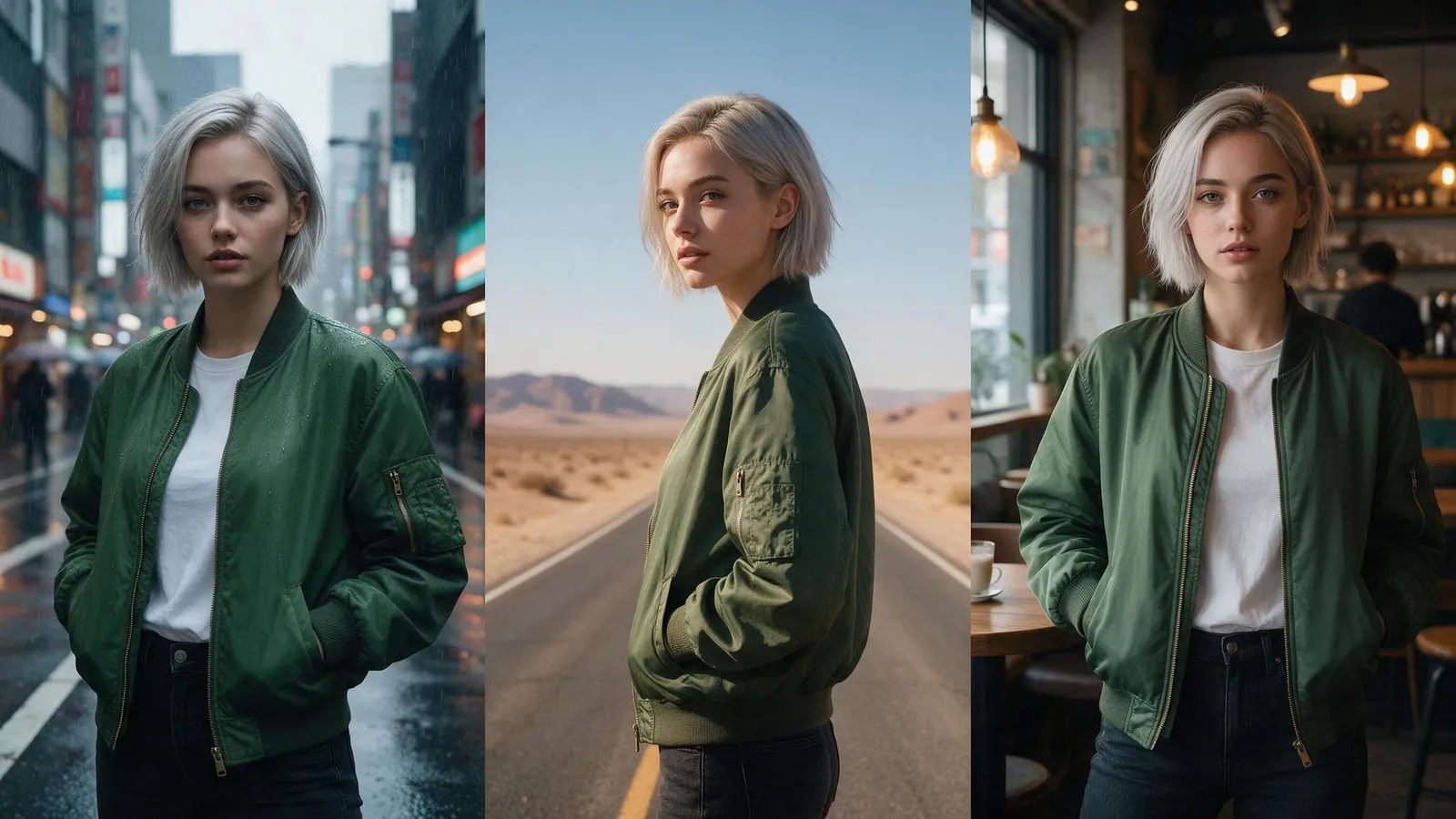 The same young woman with a silver bob and green bomber jacket on a city street, a desert road and in a cafe