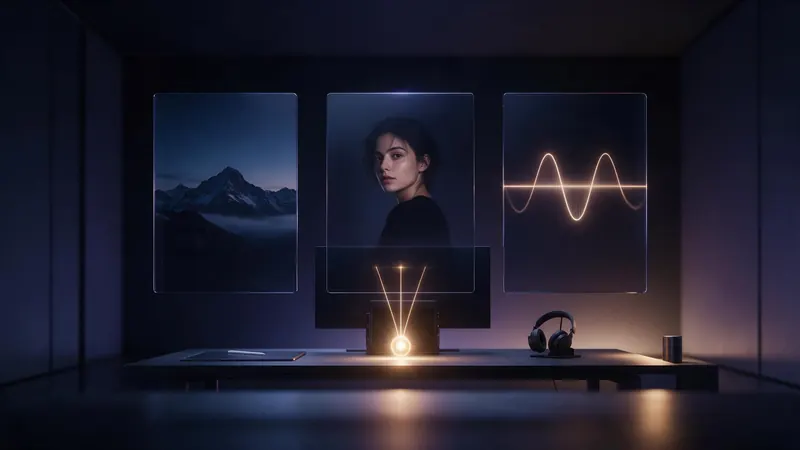 A dark workstation with floating glass panels showing a video frame, a portrait image and a sound wave, linked by threads of light