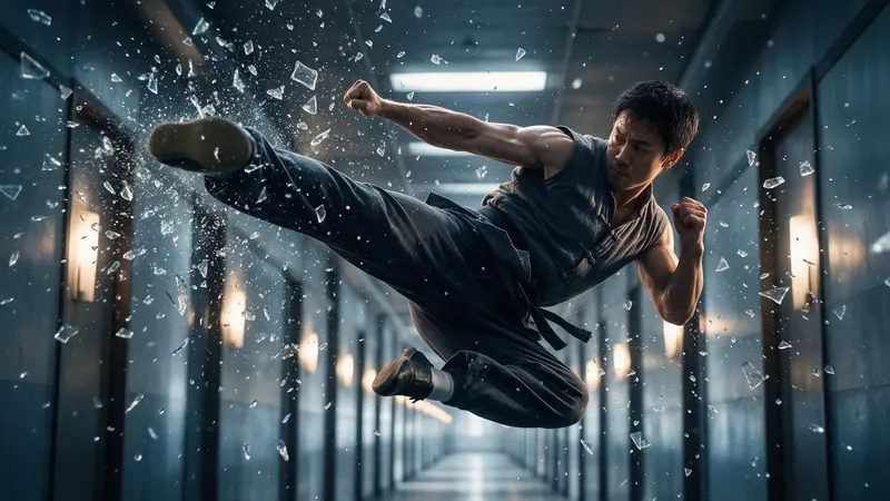 A martial artist frozen mid-kick with glass shards hanging in the air in a long corridor