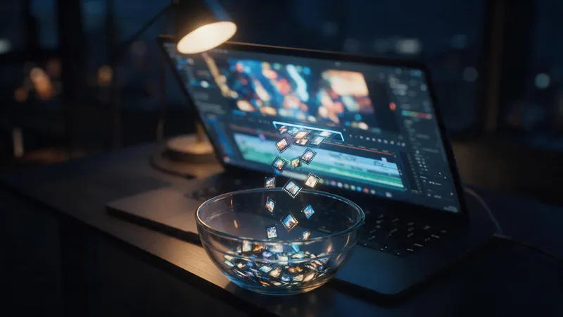 A laptop on a dark desk at night with a stream of small glowing film frames pouring out of the screen into a glass bowl