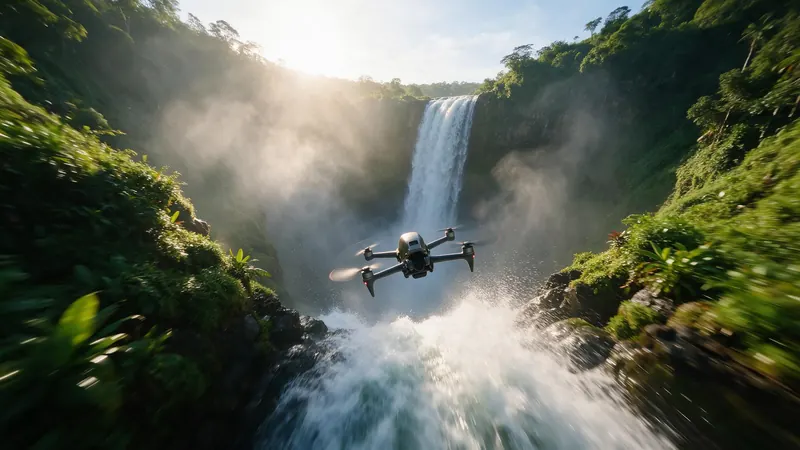 A racing drone diving past a waterfall in a green canyon at sunrise