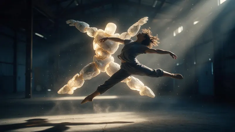 A dancer leaping in an empty warehouse while a glowing stone golem behind her mirrors the same pose