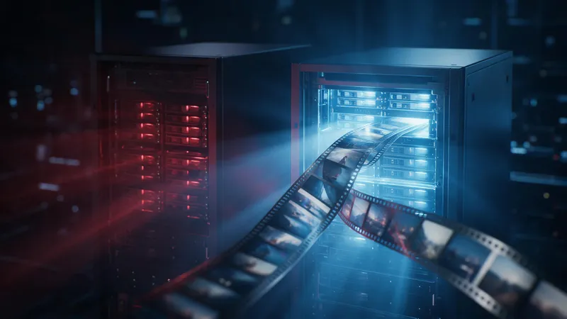 Two server racks in a dark data hall, one dim and red, the other glowing blue with a ribbon of film frames flowing out of it