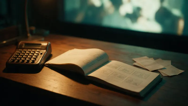 A calculator, a storyboard notebook and receipts on a dark desk under a warm lamp, with a cinema screen glowing behind