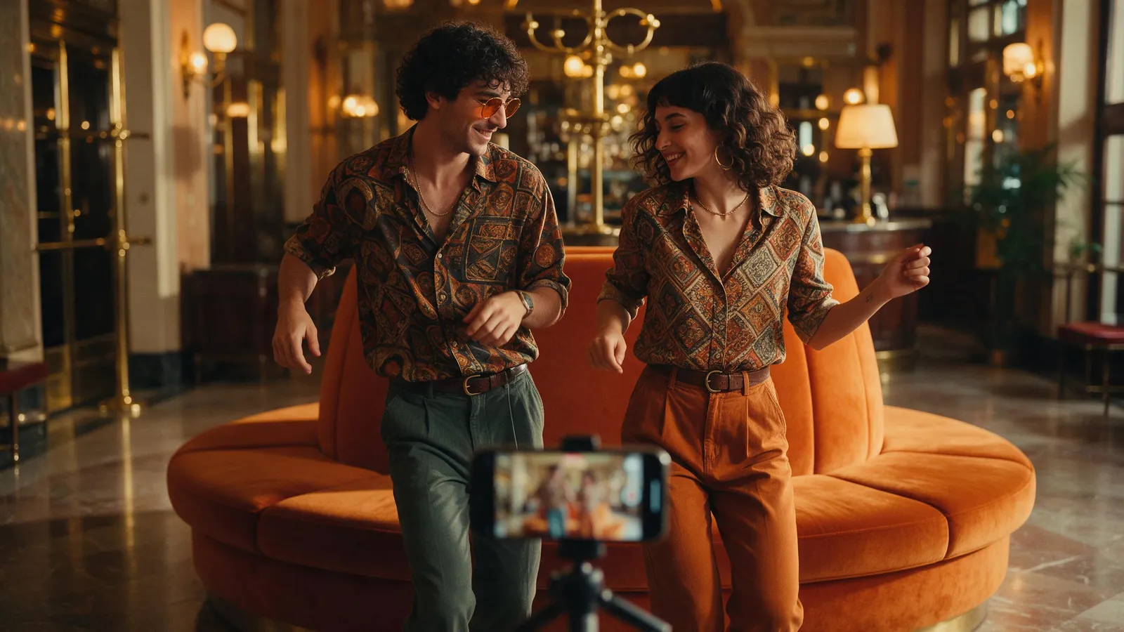 Two friends in matching retro outfits dancing in front of an orange velvet booth in a vintage hotel lobby, filmed on a phone
