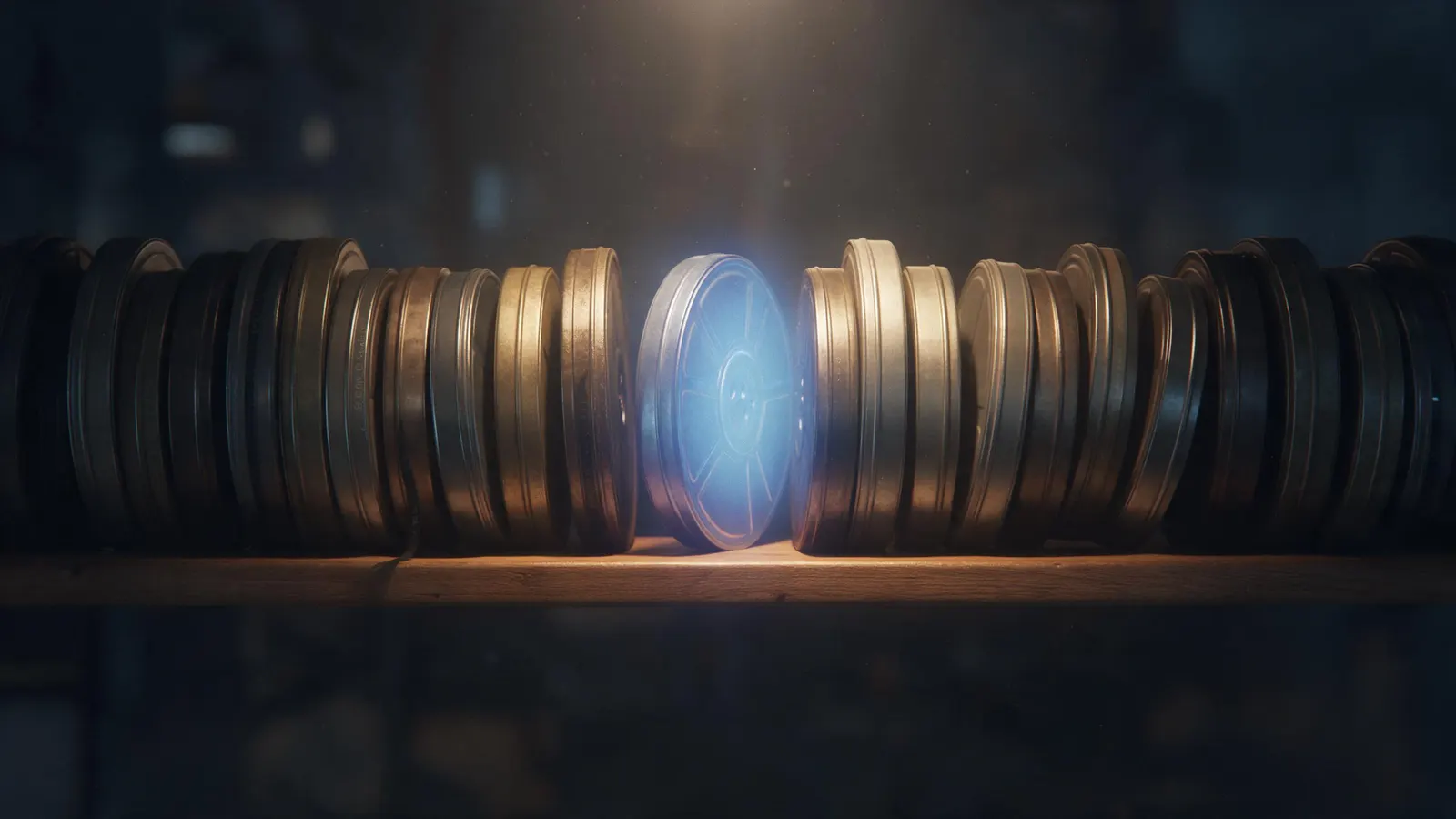 A row of vintage film reels on a wooden shelf in warm lamplight, one glowing blue